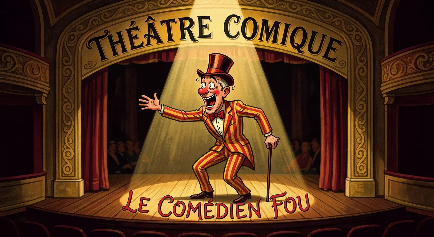 Style graphique vintage d'une scène de spectacle comique — hommage à la tradition du café-théâtre français