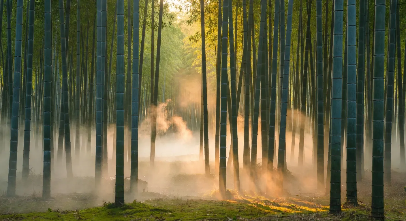 Forêt de bambous dans la lumière dorée du matin — symbole de résilience dans les proverbes chinois