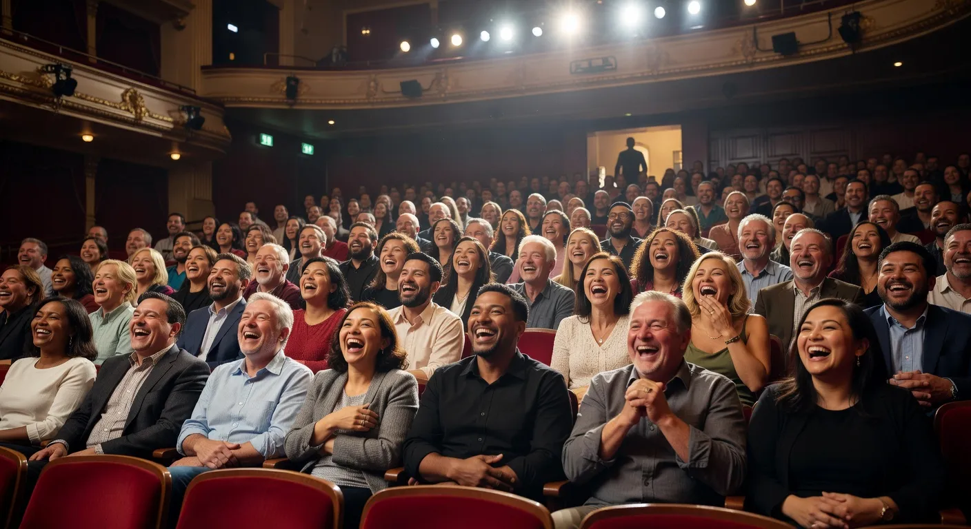 Salle de spectacle pleine lors d'un spectacle comique — l'humour français comme tradition populaire vivante