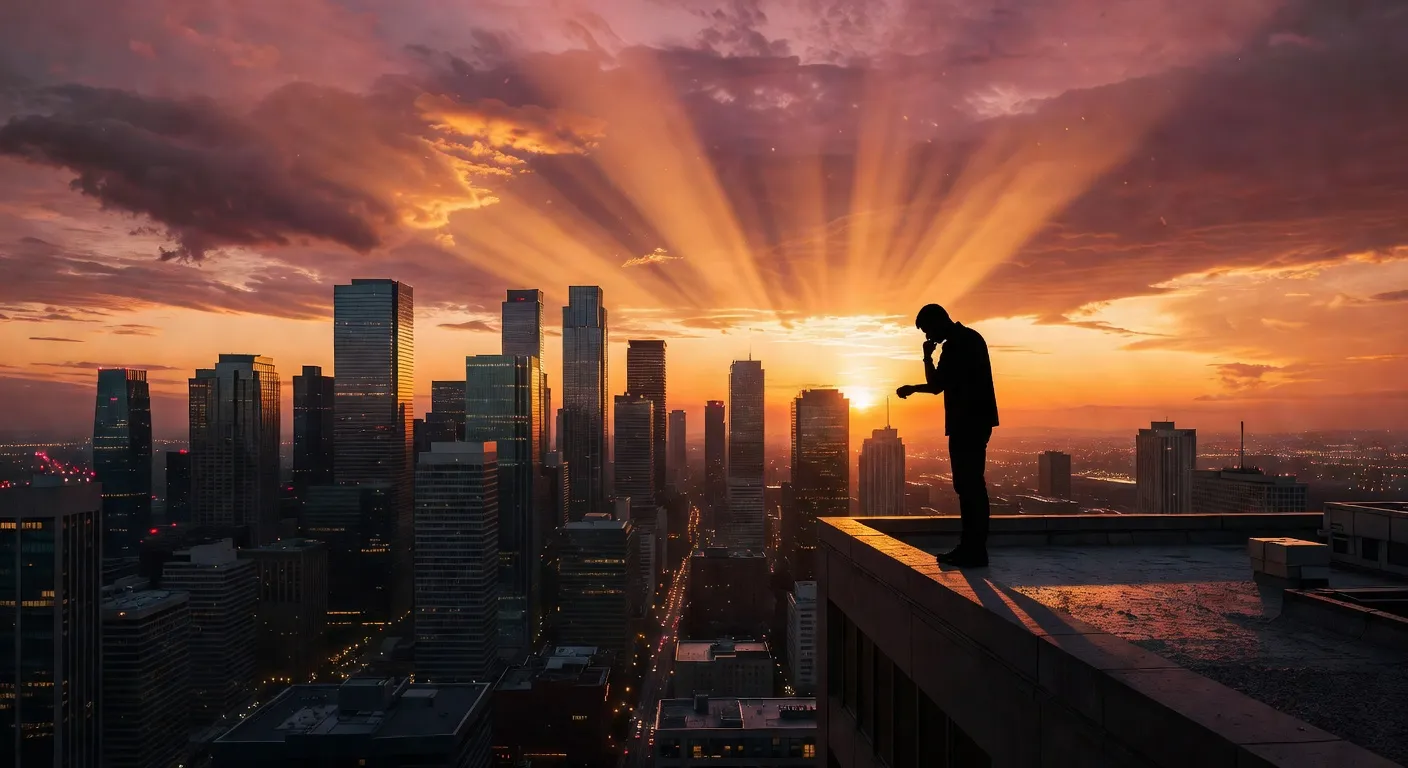 Coucher de soleil sur une ville moderne — silhouette pensive face à l'horizon, réflexion philosophique sur la vie