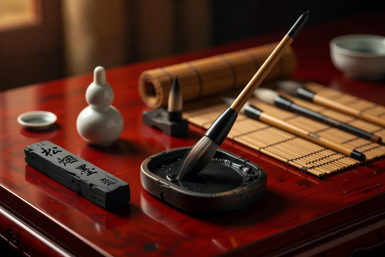 Pinceau calligraphique sur table laquée rouge — l'art de la calligraphie dans la tradition des proverbes chinois