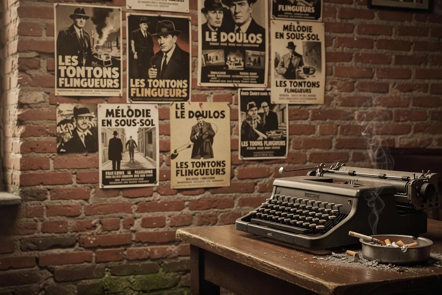 Affiches noir et blanc des Tontons flingueurs et machine à écrire Audiard