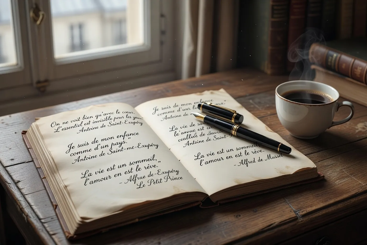 Carnet de notes avec citations Audiard manuscrites stylo plume et café noir