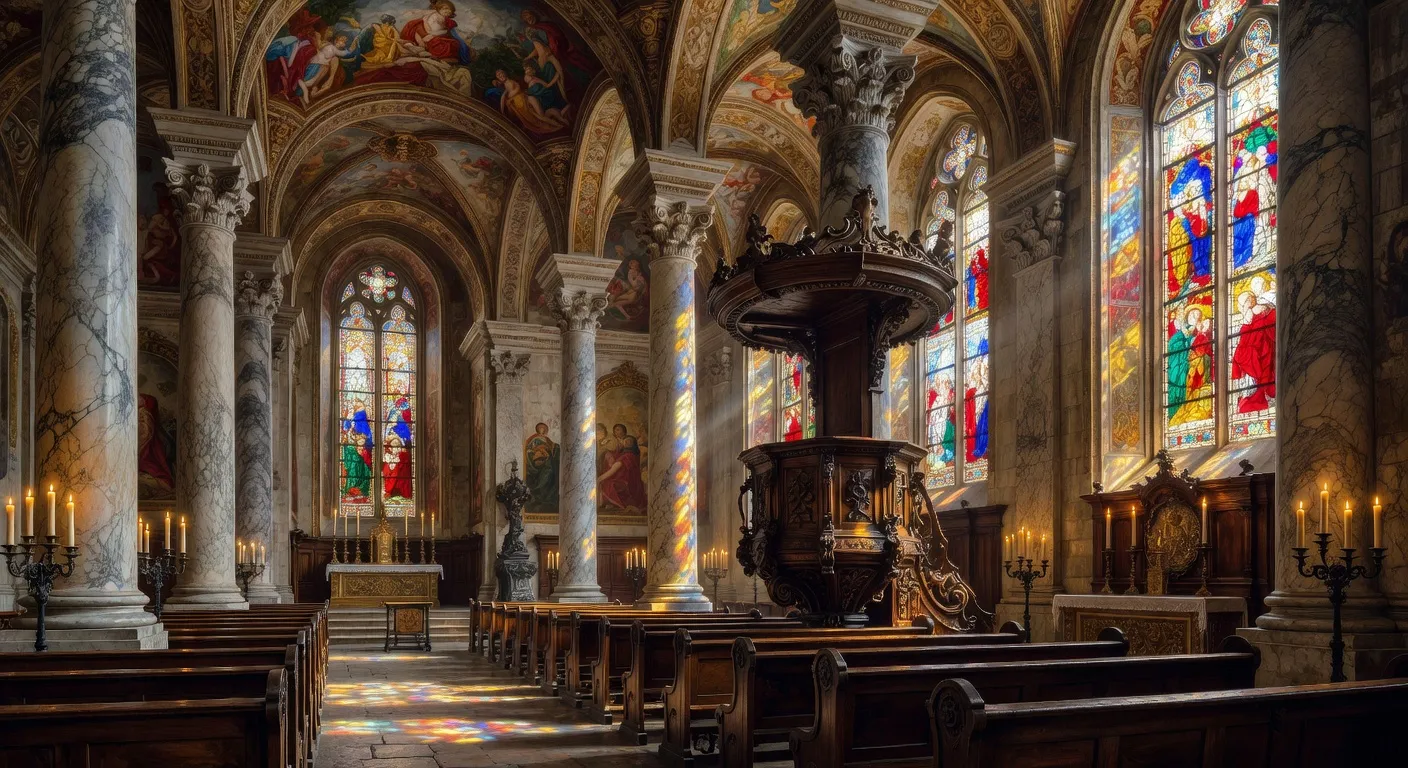 Cathédrale de Notre-Dame de Meaux au XVIIe siècle, intérieur baroque avec colonnes en marbre et lumière dorée tombant des vitraux