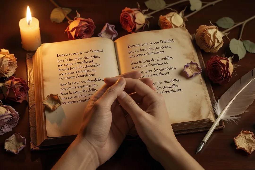 Scène romantique avec deux mains entrelacées sur un livre de poésie, lumière de bougie, roses séchées — citations d'amour en littérature