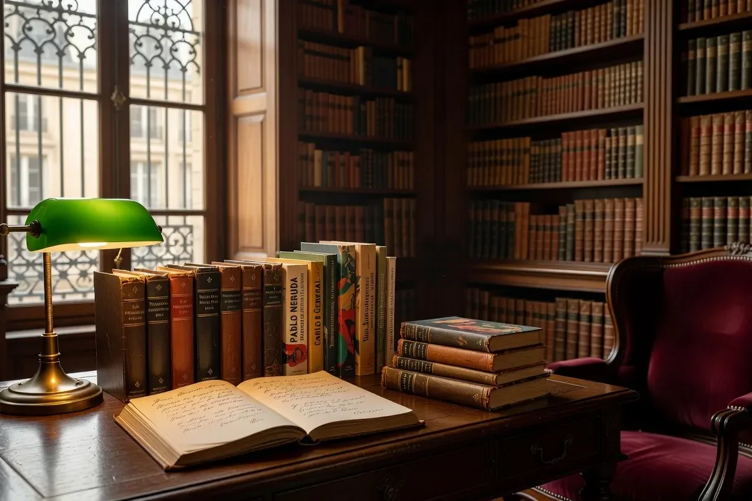 Bibliothèque parisienne avec volumes de Hugo, Neruda, Rimbaud, carnet de citations ouvert — ambiance romantique et studieuse
