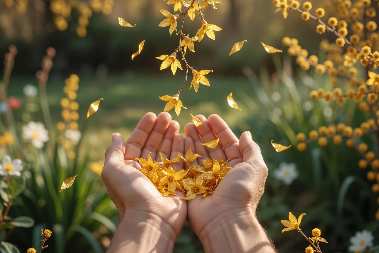 Mains ouvertes en coupe recevant des pétales de fleurs dorées, lumière de printemps — gratitude et bonheur reçu