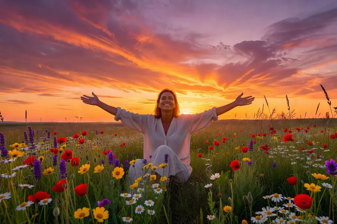 Personne souriante dans une prairie en fleurs au coucher du soleil, bras ouverts, silhouette bienheureuse — épanouissement et art de vivre
