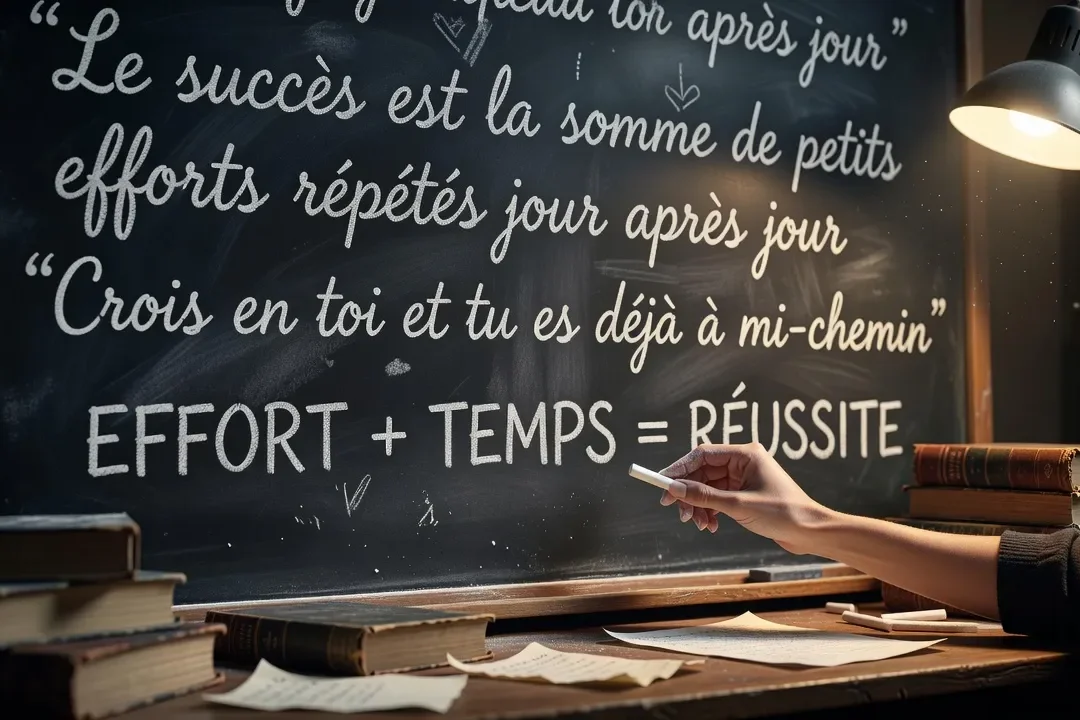 Tableau noir avec citations inspirantes écrites à la craie blanche, main qui écrit — ambiance studieuse et motivante