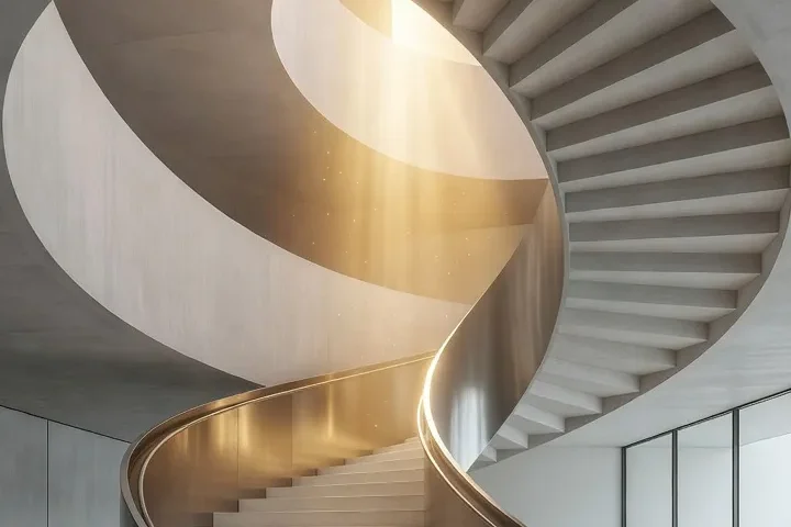 Escalier en colimaçon montant vers la lumière, symbole de progression vers le succès — architecture minimaliste, lumière dorée