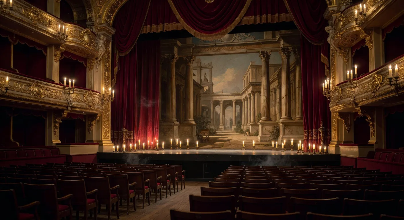 Théâtre français du XVIIe siècle avec rideaux pourpres, scène éclairée à la chandelle et siège royal