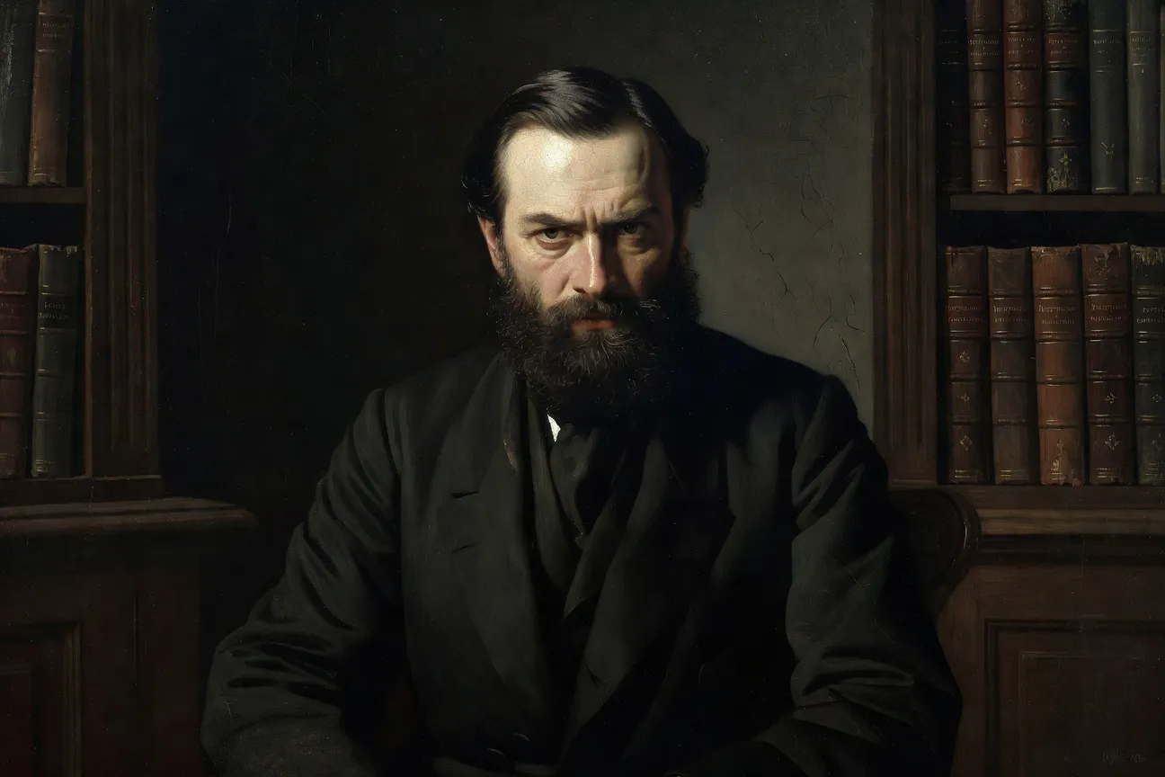 Portrait sépia de Fiodor Dostoïevski à son bureau, plume à la main, lampe à pétrole, manuscrit de Crime et châtiment ouvert, atmosphère XIXe siècle russe