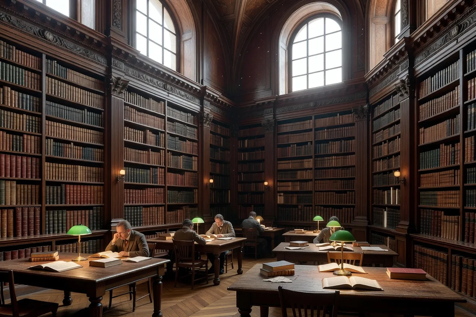 Bibliothèque universitaire avec rayons de philosophie sous une lumière zénithale d'ambiance Sorbonne historique