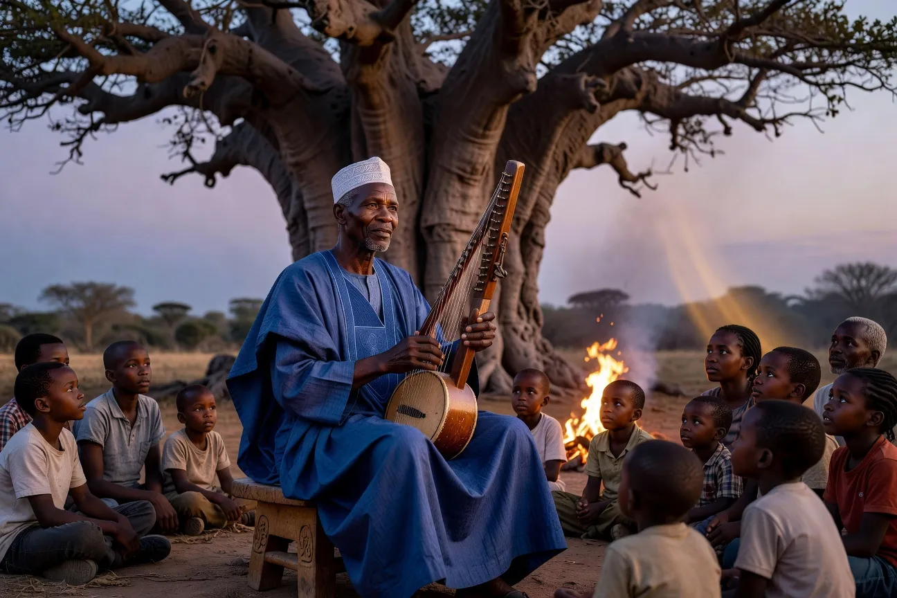 Conteur griot ouest-africain assis sous un baobab au crépuscule, jouant de la kora, entouré d'un cercle d'enfants attentifs, lumière dorée de fin de journée