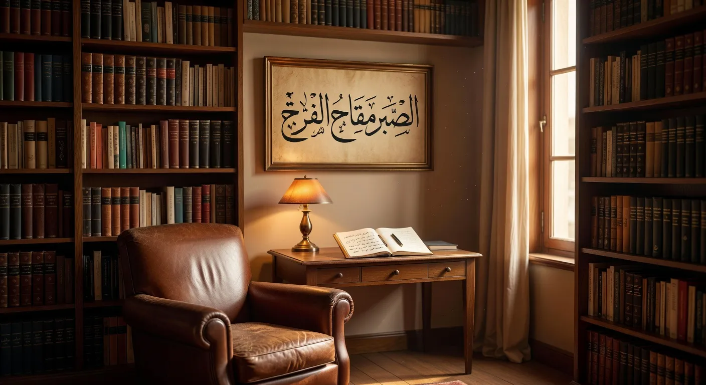 Bibliothèque parisienne d'une philologue avec rangées de livres en arabe et en français, lampe de lecture chaude, fauteuil club