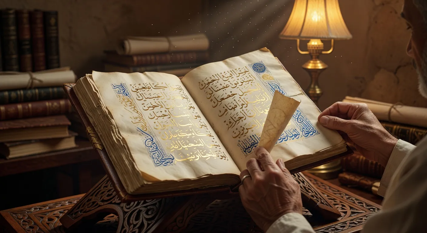 Manuscrit arabe ancien ouvert sur un pupitre en bois sculpté, calligraphie dorée et lettrines bleues, dans une bibliothèque de Fès