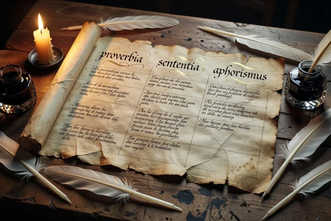Tableau comparatif manuscrit sur parchemin avec termes latins — proverbia, sententia, aphorismus — en calligraphie