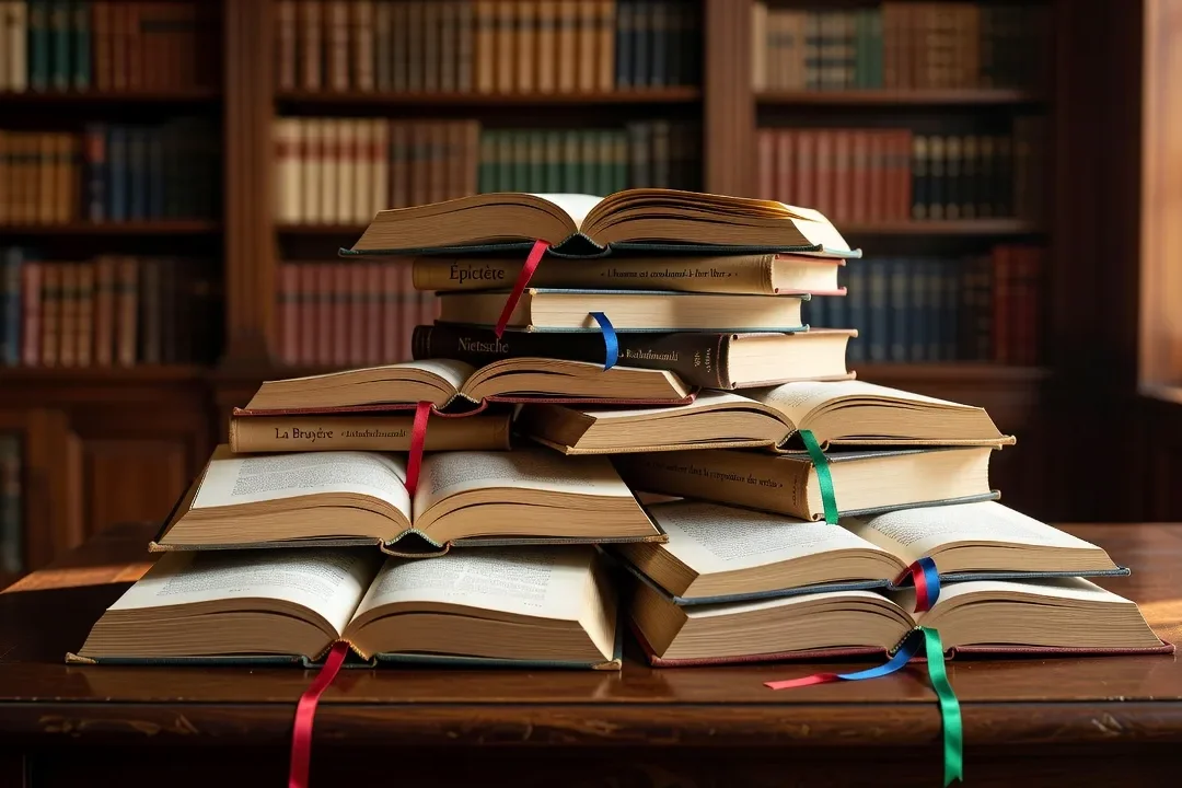 Collection de livres de sagesse — Épictète, La Rochefoucauld, Nietzsche, La Bruyère — ouverts et empilés, signets colorés, lumière chaude
