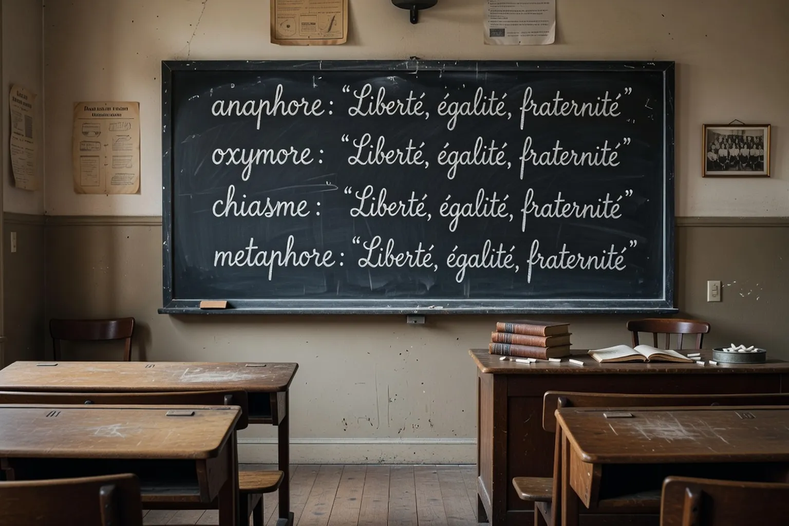 Tableau noir avec craie blanche où figures de style anaphore oxymore chiasme sont écrites à la main dans une salle de classe