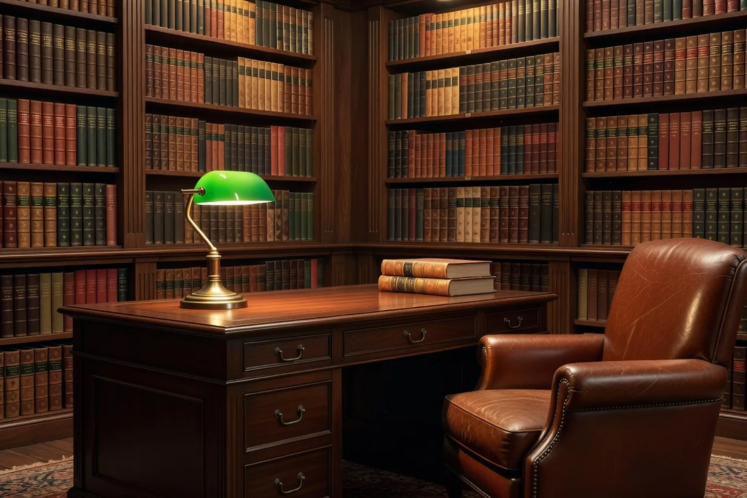 Bibliothèque rhétorique classique avec livres reliés en cuir et lampe verte de bibliothèque universitaire