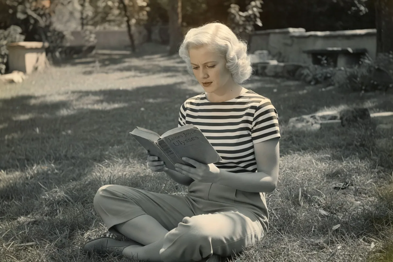 Marilyn Monroe lisant Ulysses de James Joyce, photo en noir et blanc style 1955