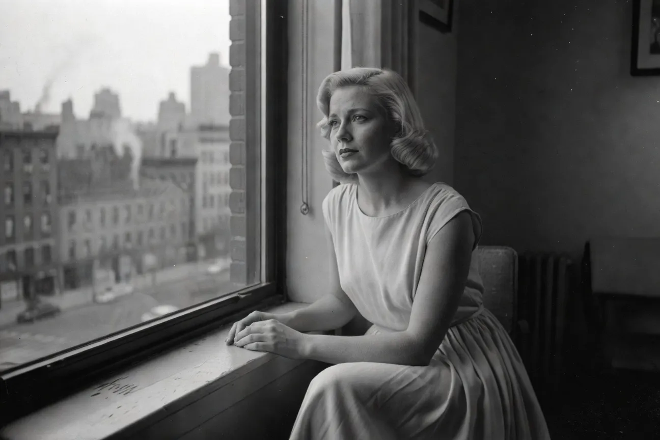 Marilyn Monroe vintage portrait noir et blanc 1955-1960, robe blanche, regard pensif, lumière douce de studio Hollywood