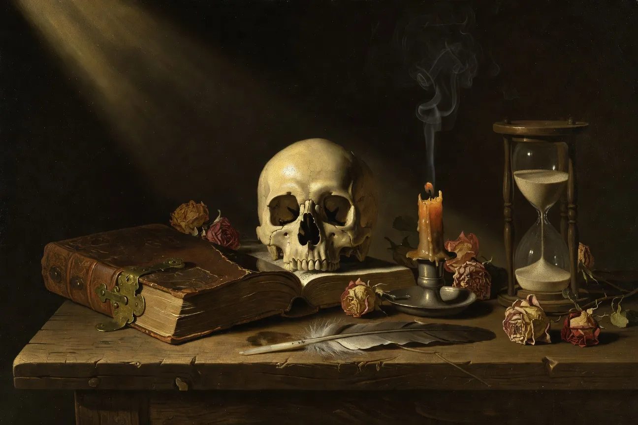 Vanité baroque sur table en bois sombre : crâne, livres anciens, sablier, fleur fanée, lumière de cierge évoquant la méditation classique sur la mort