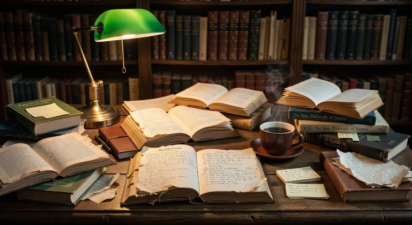 Bureau d'un philosophe stoïcien avec des Méditations de Marc Aurèle ouvertes, tasse de café et carnet d'annotations sous une lampe de lecture