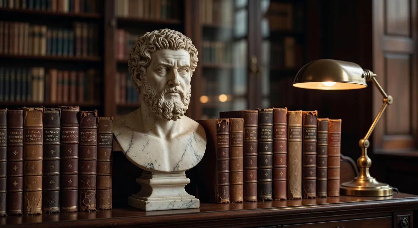 Buste antique de Marc Aurèle en marbre dans une bibliothèque privée, lumière chaude tamisée du soir
