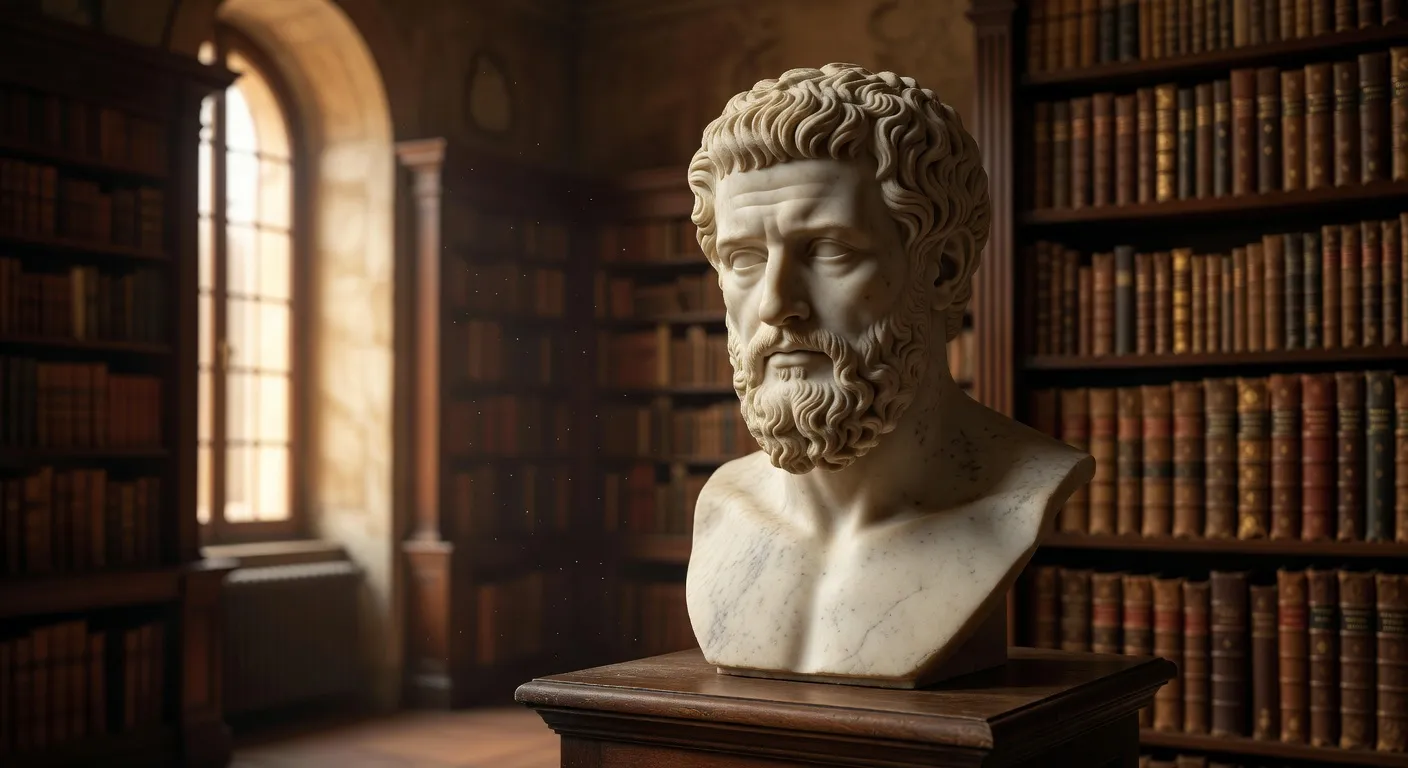 Buste antique de Marc Aurèle en marbre blanc, posé dans une bibliothèque ancienne sous une lumière chaude