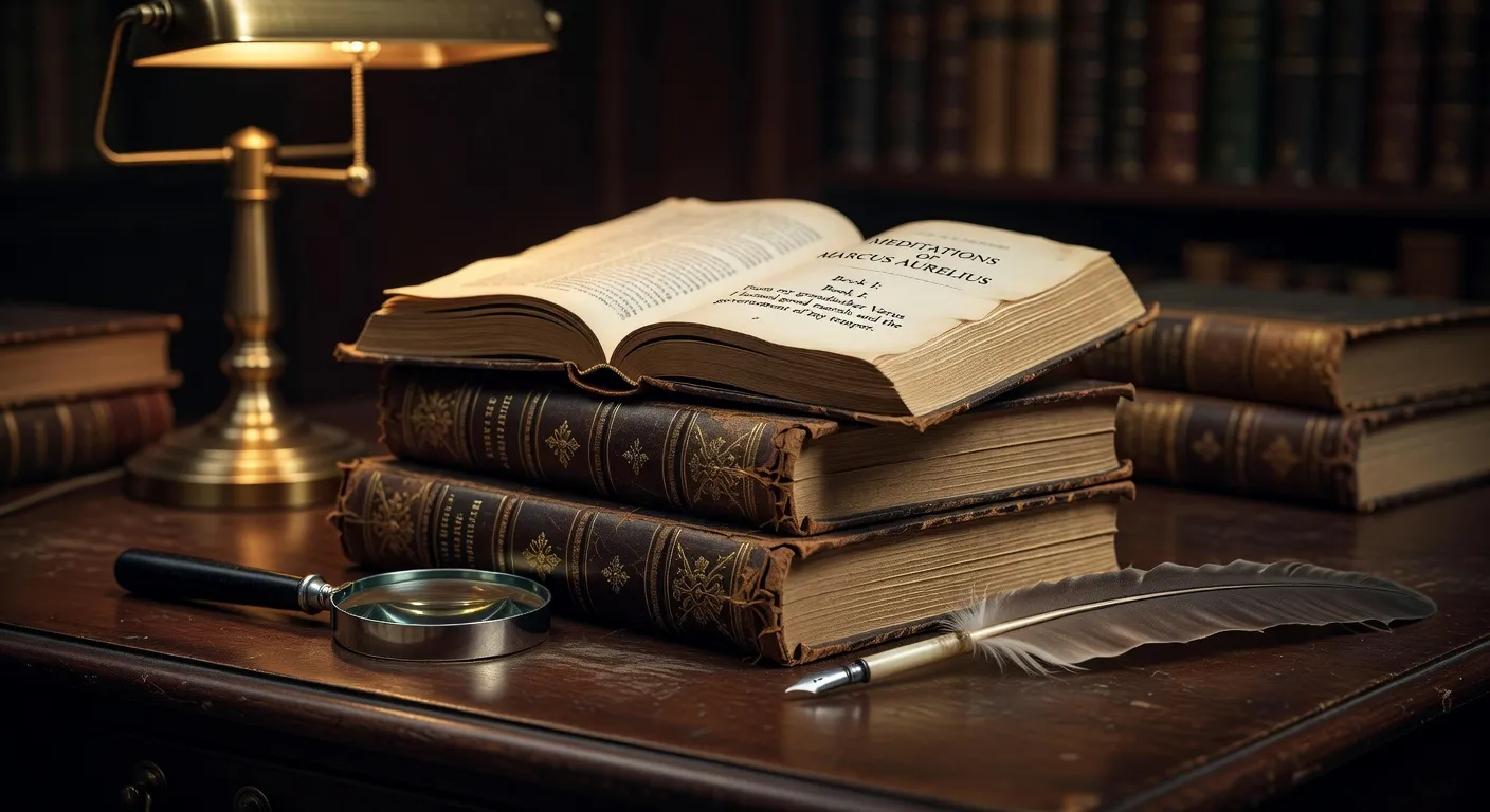 Pile de livres anciens reliés en cuir avec les Méditations de Marc Aurèle ouvertes sur un bureau en bois