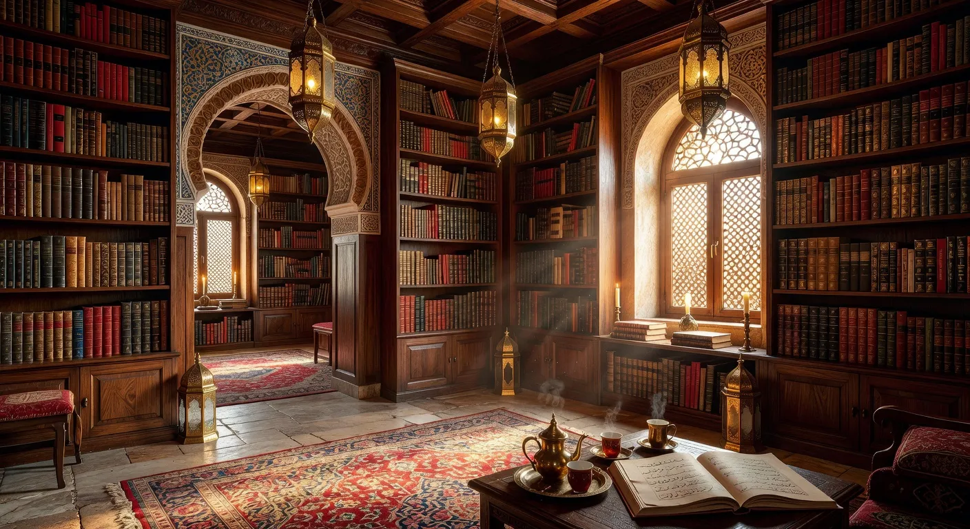 Bibliothèque arabe traditionnelle avec rangées de manuscrits anciens, lampes en cuivre et tapis persans