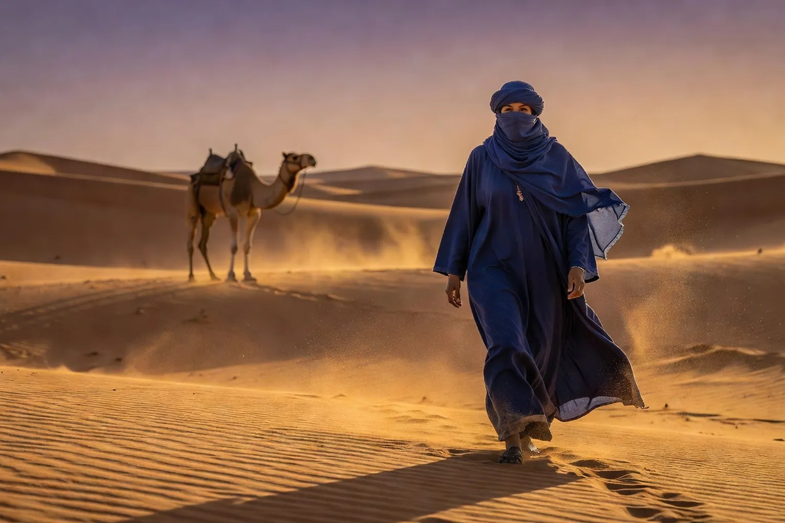 Femme touarègue voilée bleu indigo dans le désert avec dune au coucher de soleil