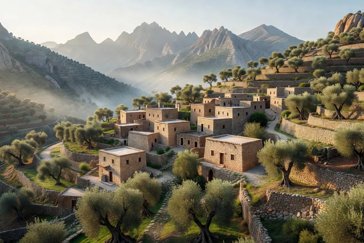 Village kabyle pierre sèche sous oliviers avec terrasses agricoles et Djurdjura au fond