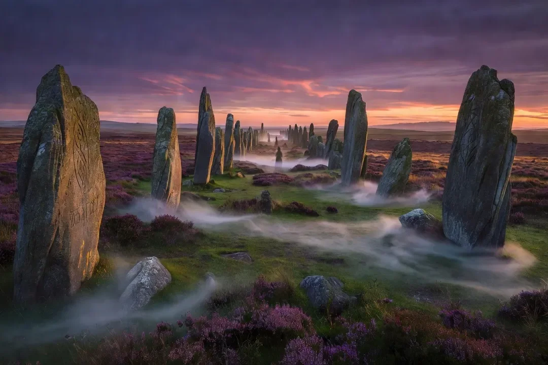 Menhirs bretons alignés dans une lande au crépuscule, brume légère, ciel violet et orange — atmosphère sacrée des druides gaulois