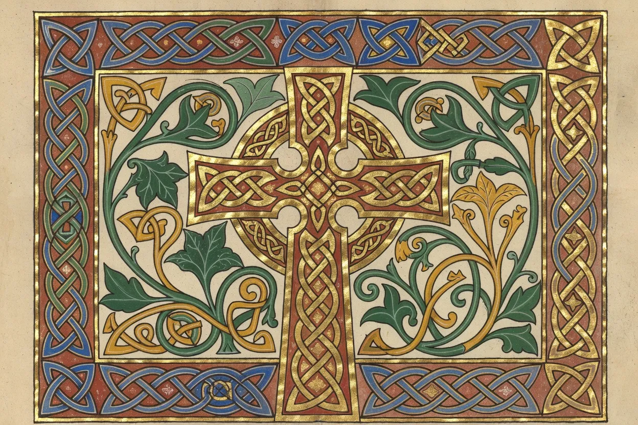 Enluminure celtique dorée sur parchemin avec entrelacs typiques, nœuds celtiques — art des moines irlandais du Moyen Âge