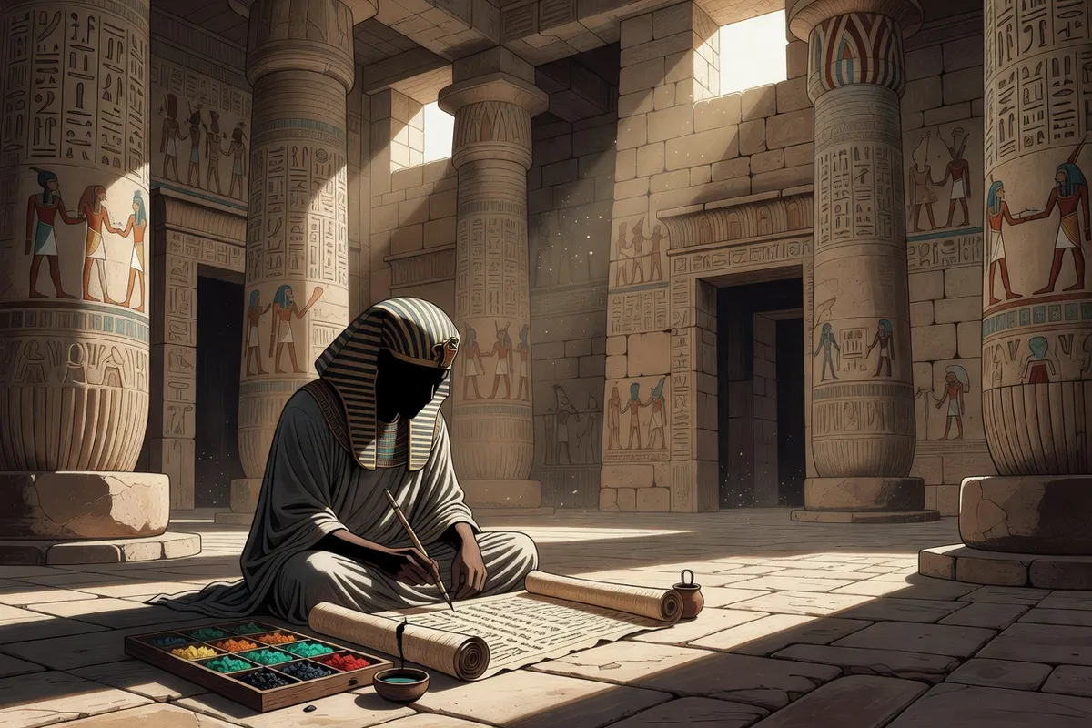 Scribe égyptien assis en tailleur écrivant sur un papyrus avec calame et palette de couleurs dans un temple antique