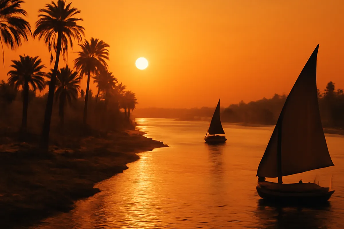 Rives du Nil au coucher du soleil avec palmiers et felouques traditionnelles évoquant l'Égypte pharaonique