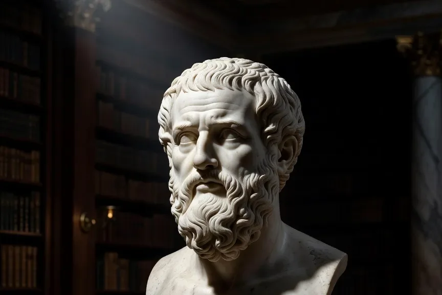 Buste d'Aristote en marbre blanc, musée, éclairage dramatique sur fond sombre — le philosophe du juste milieu