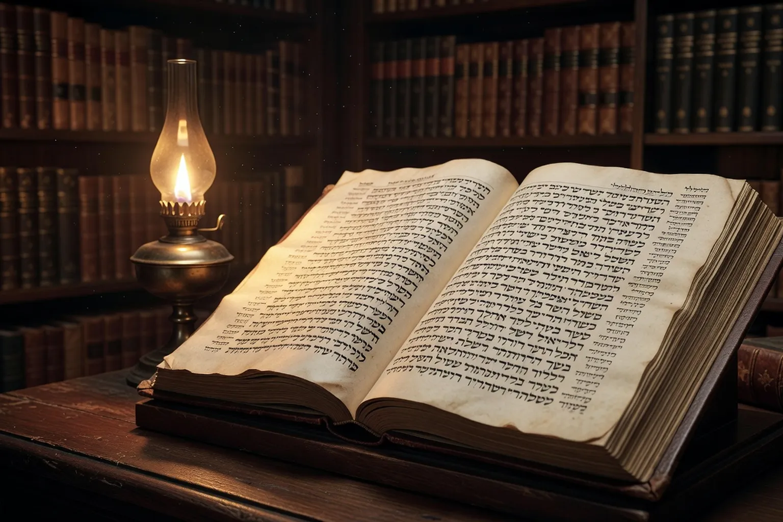 Pages du Talmud babylonien avec texte hébreu carré encadré de commentaires, lampe à huile et pupitre en bois