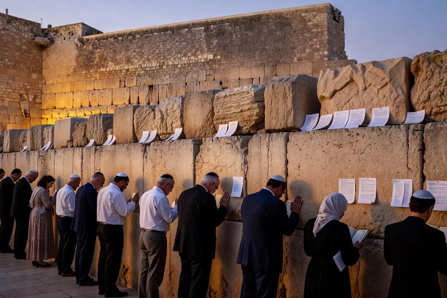 Mur des Lamentations à Jérusalem au crépuscule avec fidèles en prière sur fond de pierres dorées