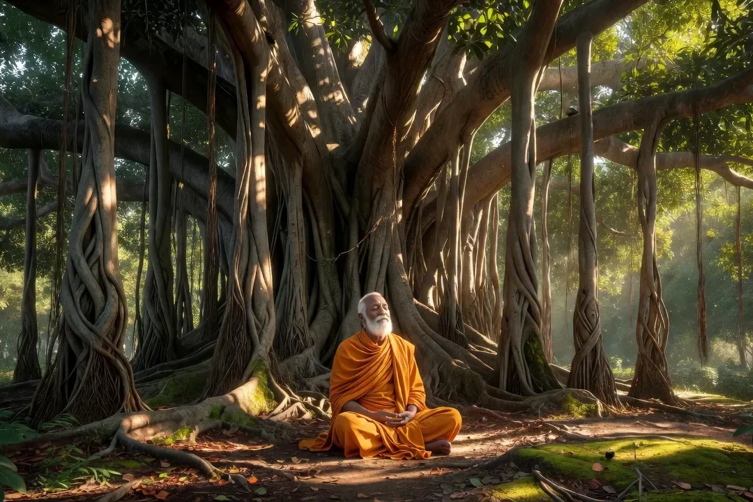 Sage indien en méditation sous un banian millénaire, vêtements safran, lumière filtrée — sagesse ancestrale