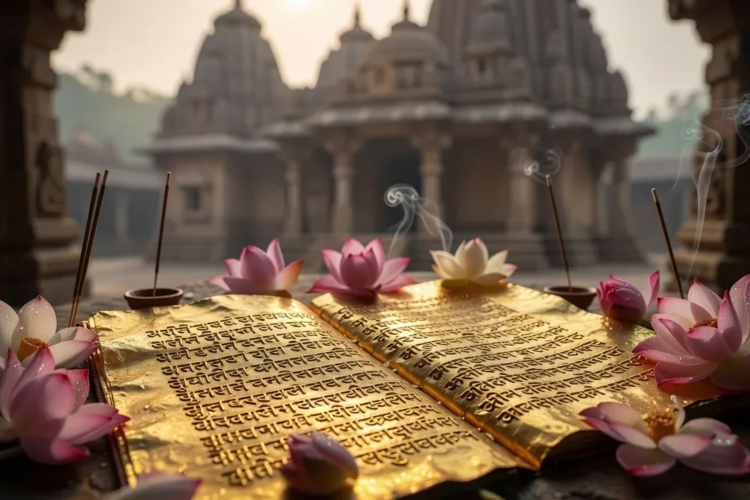 Manuscrit sanskrit ancien sur feuilles de palmier dorées, calligraphie précise, fleurs de lotus et temple en arrière-plan