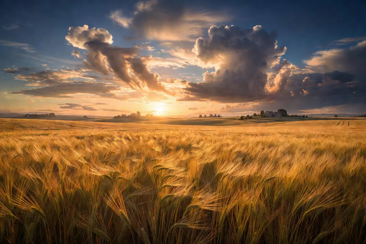 Champ de blé français sous un ciel nuageux au coucher du soleil, illustrant l'observation paysanne du climat