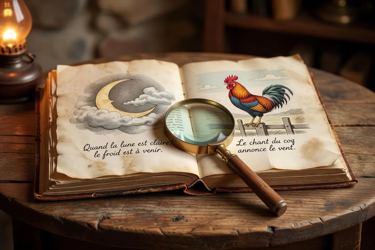 Vieil almanach paysan ouvert sur une table en bois avec loupe, illustrant la transmission des dictons météo