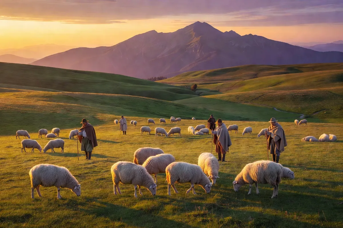 Bergers et troupeau de brebis dans un alpage des montagnes des Carpates roumaines au coucher du soleil