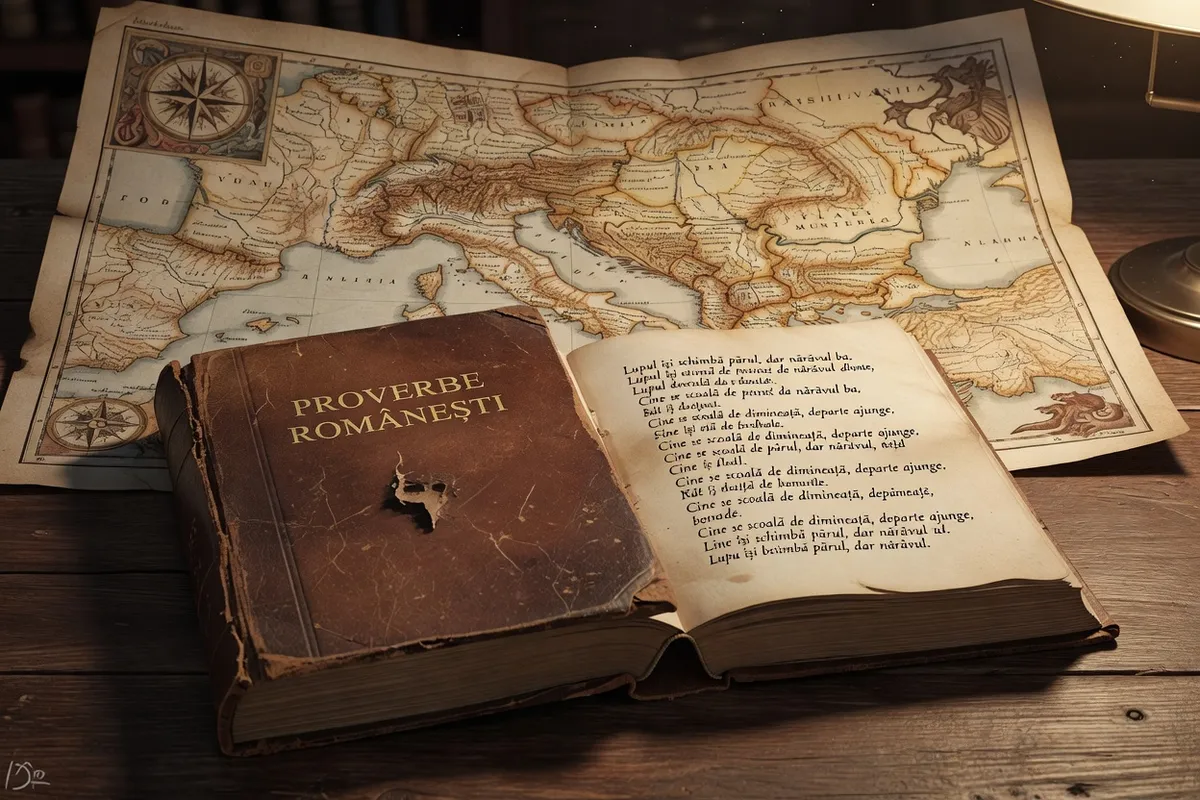 Vieux livre de proverbes roumains ouvert sur une table en bois avec une carte ancienne des Balkans en arrière-plan