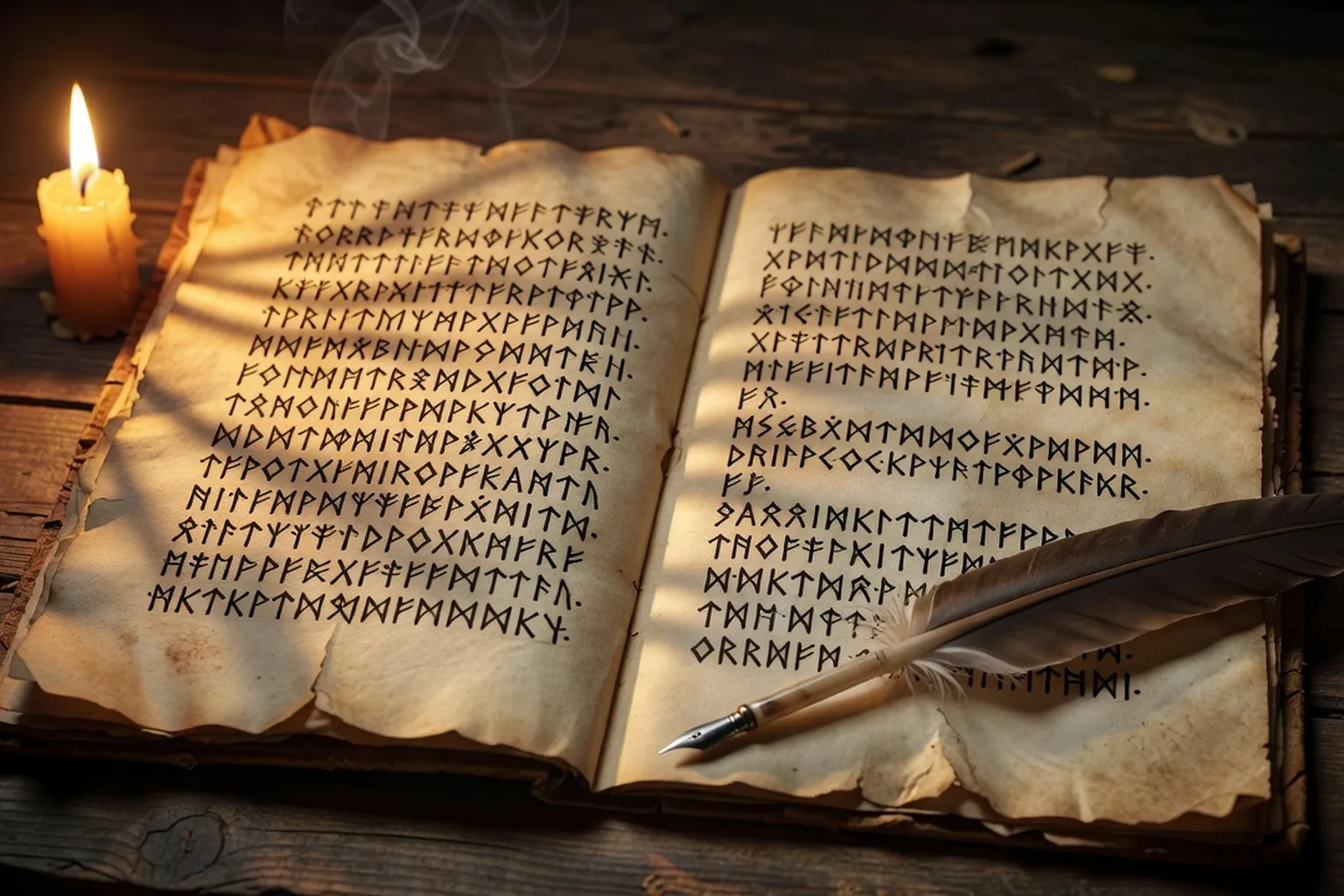 Manuscrit médiéval Edda ouvert avec parchemin jauni et runes futhark