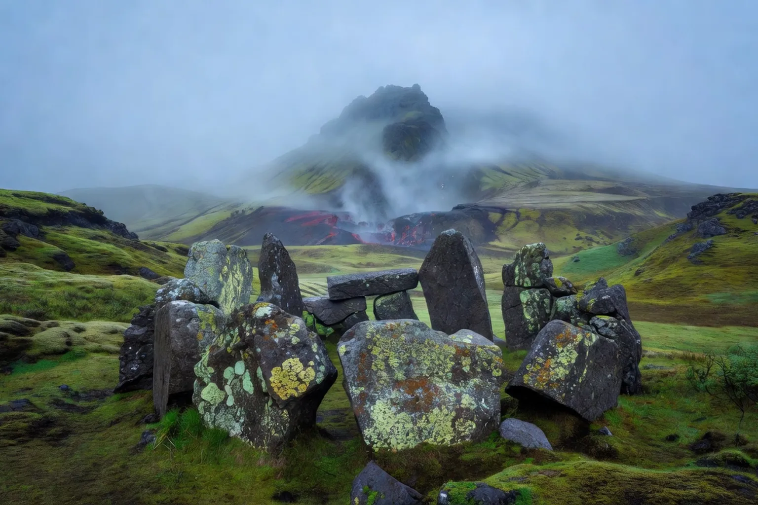 Cromlech islandais au bord d'un volcan avec brume matinale et lichen sur pierres