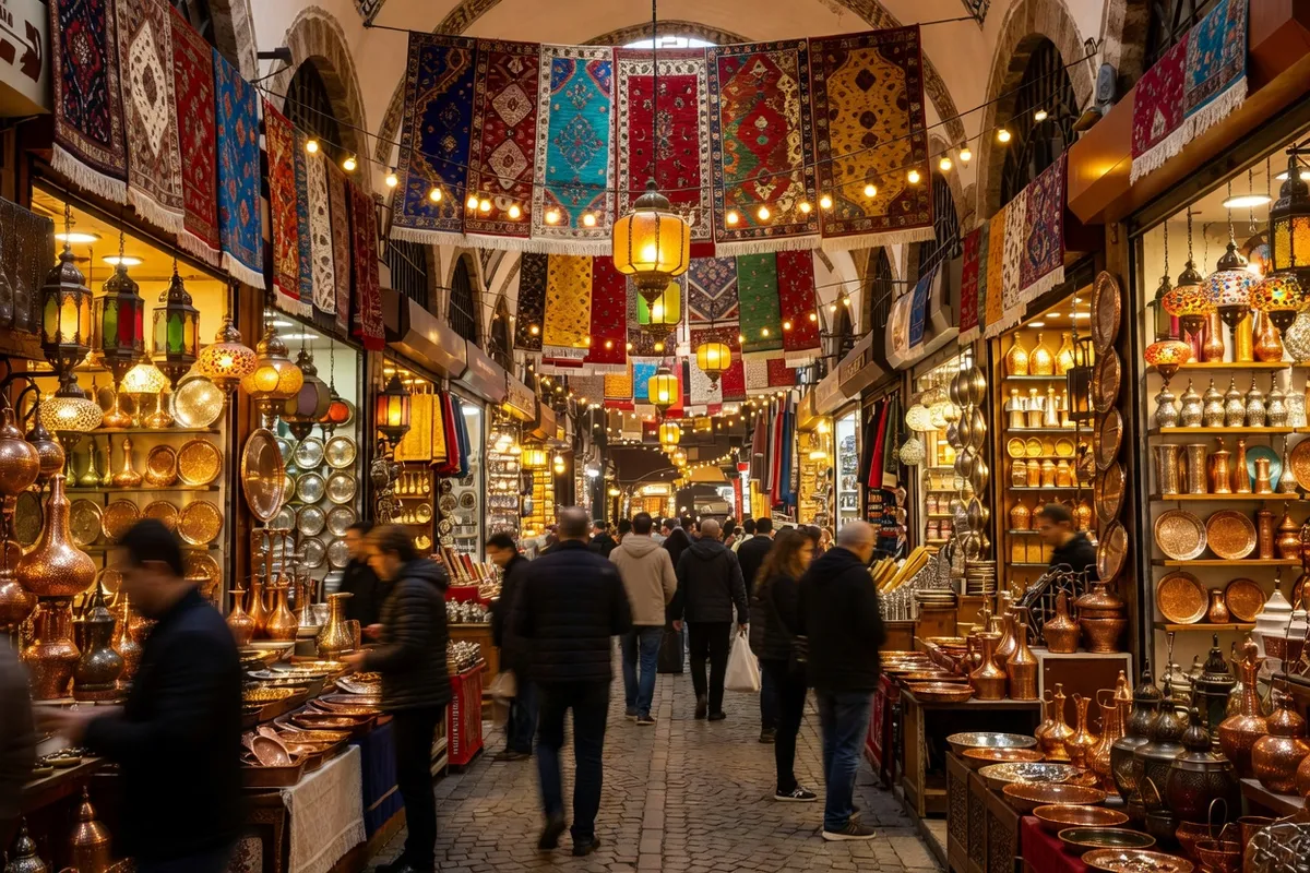 Ruelle animée du Grand Bazar d'Istanbul avec échoppes de lanternes en cuivre et tapis colorés suspendus